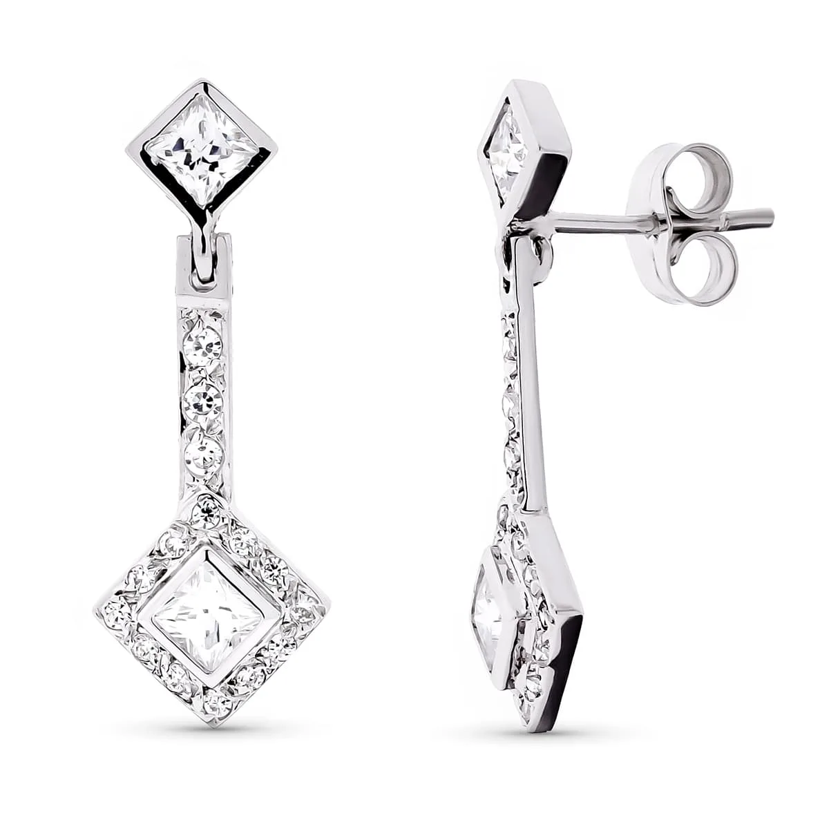 18K PENDIENTES ORO BLANCO LARGOS CIRCONITA 24X9 MM CIERRE PRESION