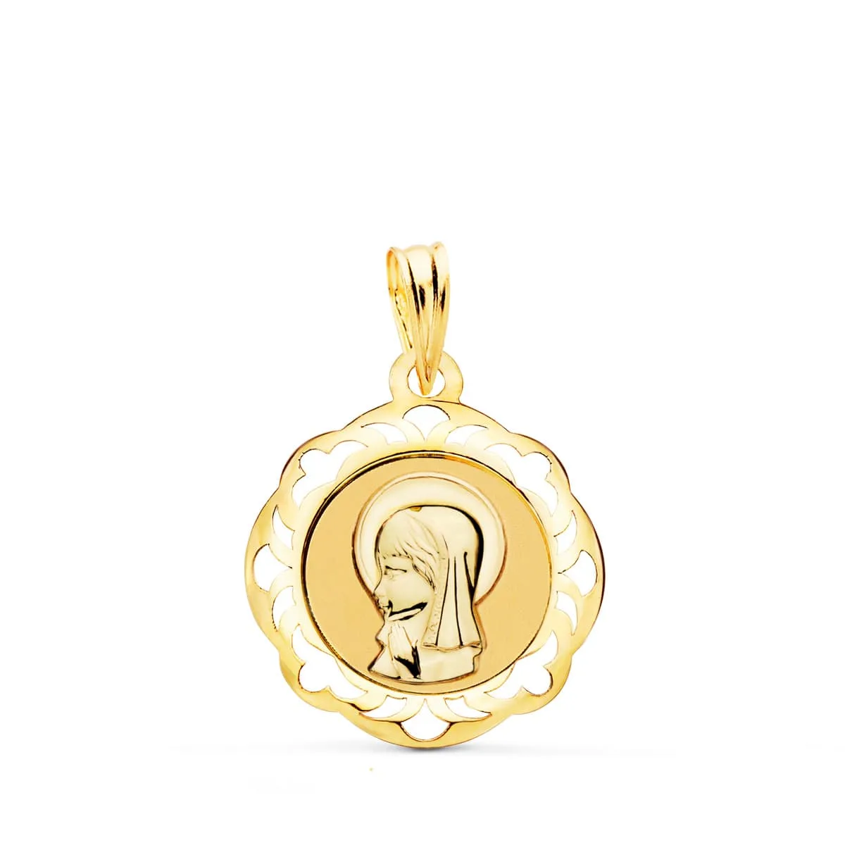 18K MEDALLA ORO AMARILLO VIRGEN NIÑA CERCO CALADO EN BRILLO 20X18 MM