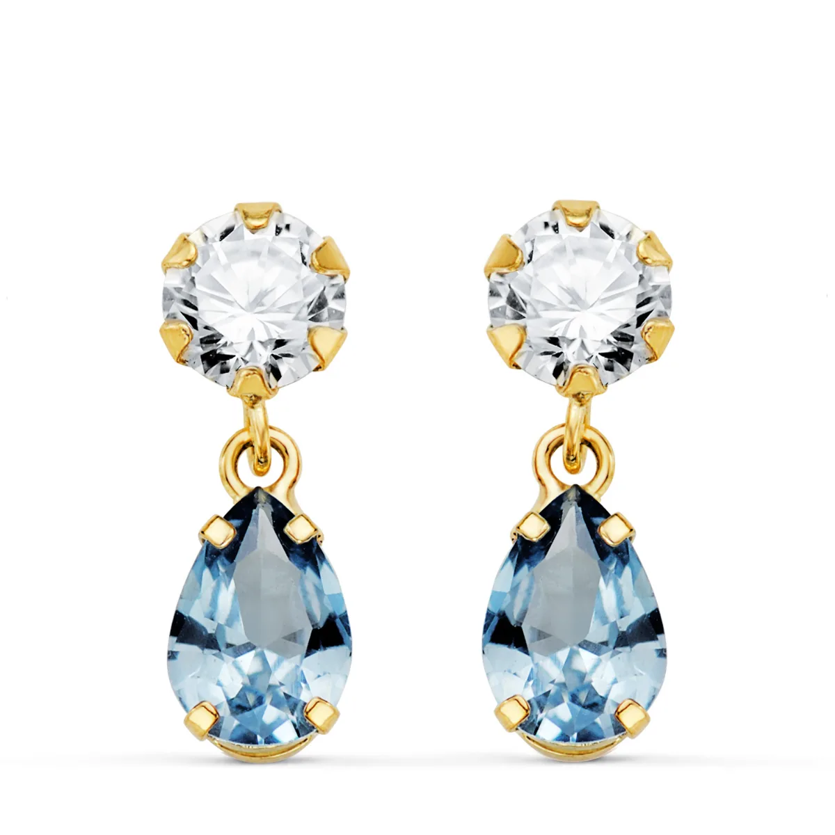 18K PENDIENTES ORO AMARILLO DOS CUERPOS CON CIRCONITA Y AGUAMARINA LAGRIMA 16 X 5MM. CIERRE PRESION