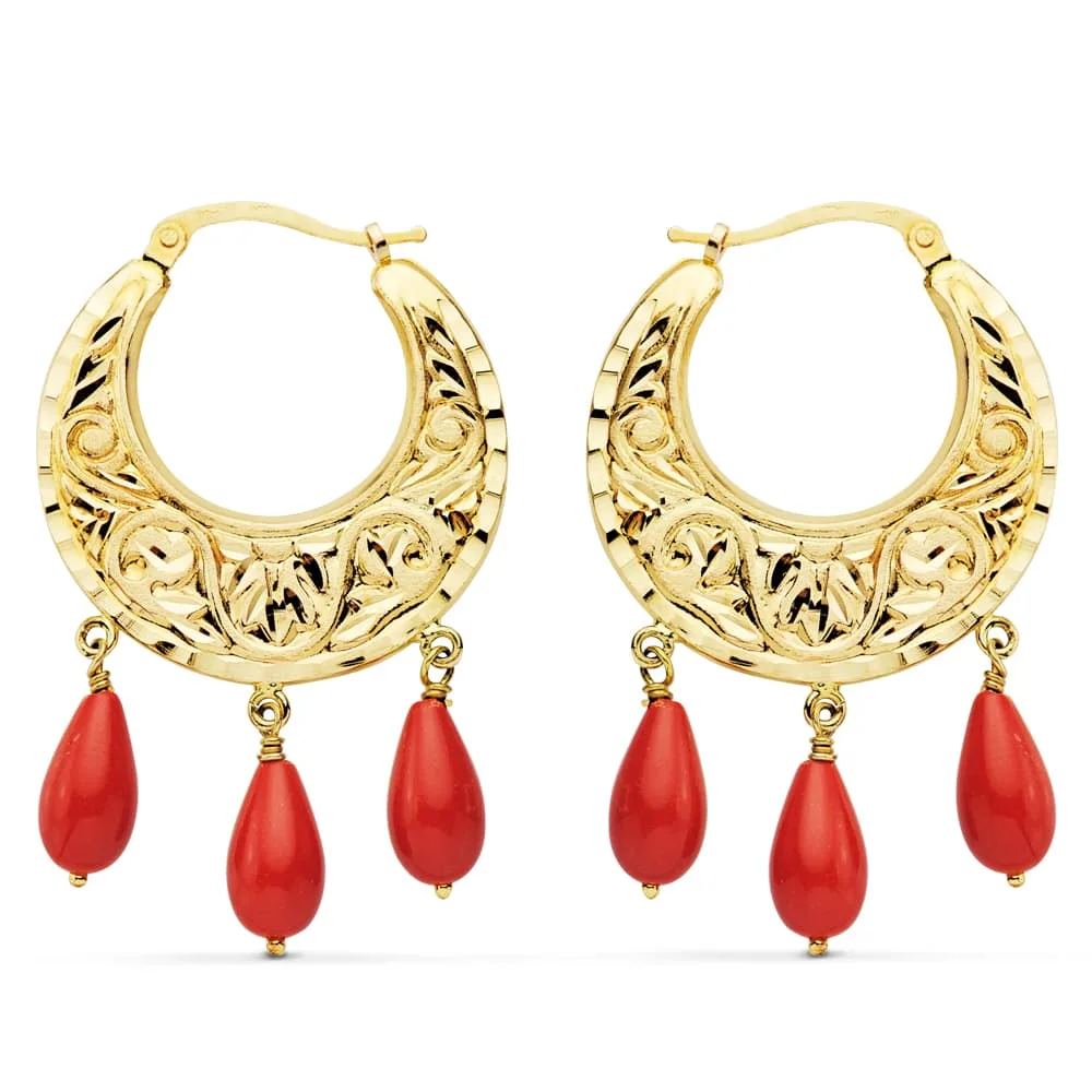 18K AROS TALLADOS CORAL  40 X 25 MM