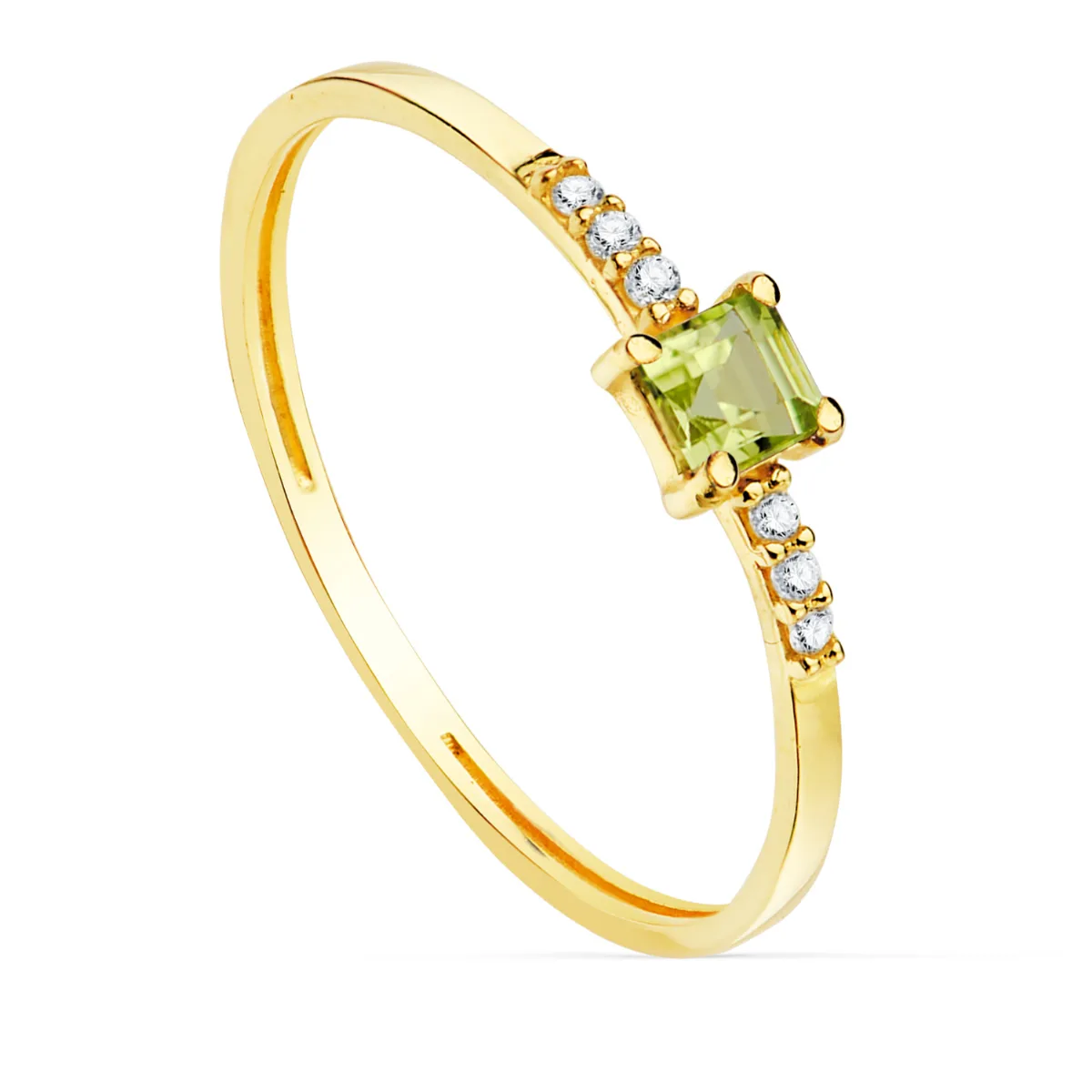 18K SORTIJA ORO AMARILLO 6 DIAMANTES 0,030 QTS. G-VS2. OLIVINA 3X3MM CUERPO 1 MM