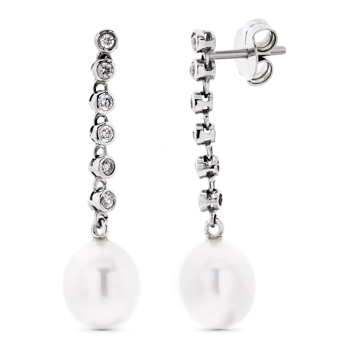 18K PENDIENTES ORO BLANCO LARGOS CON CIRCONITA Y PERLA CIERRE PRESION