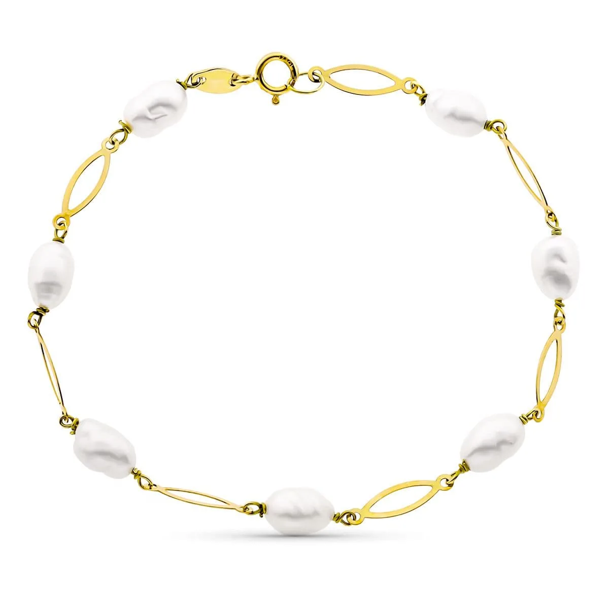 18K PULSERA ENTREPIEZA Y PERLA ORO AMARILLO 16.5 CM PERLA 4 MM