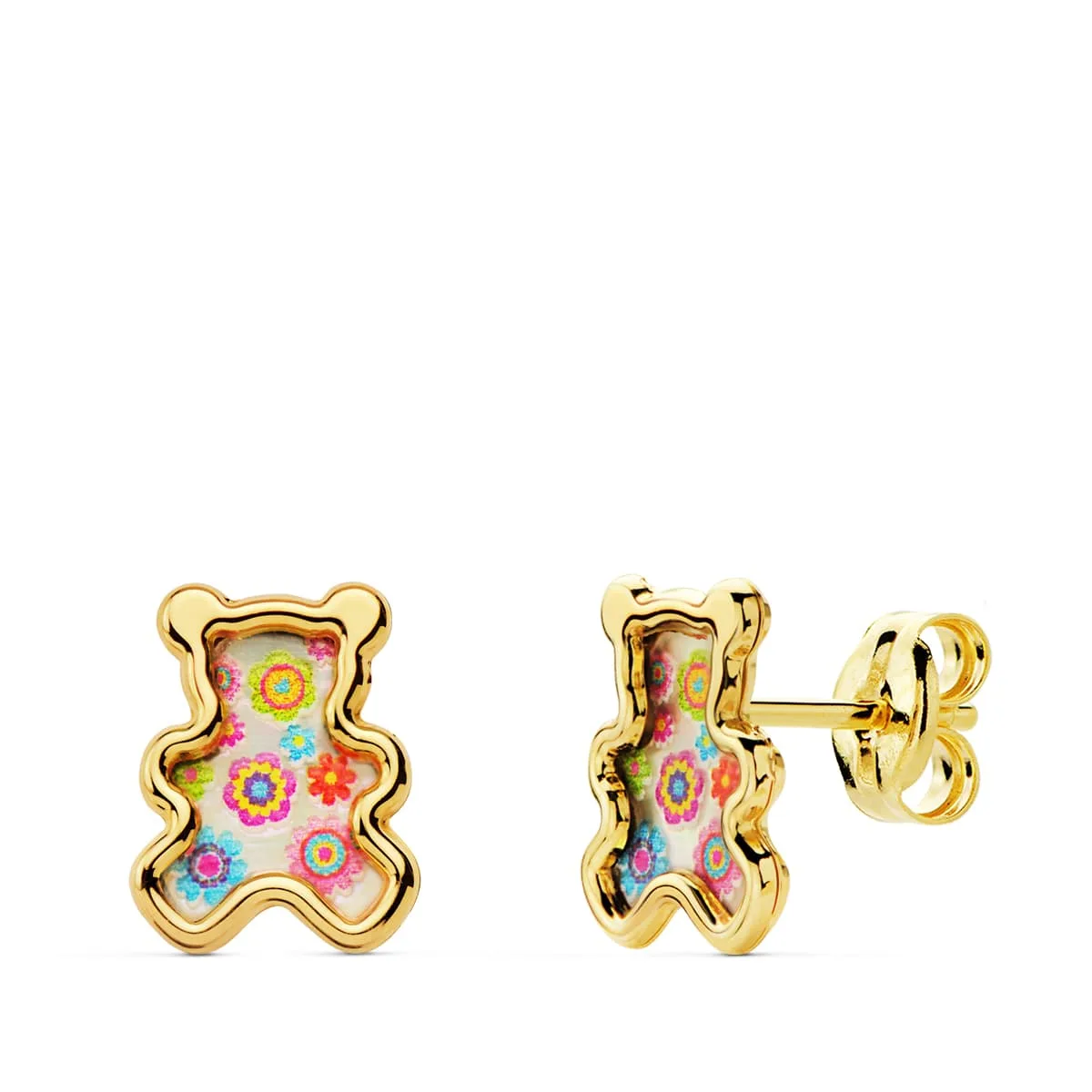18K PENDIENTES ORO AMARILLO OSO NACAR COLORES. 8X6.5 MM CIERRE PRESION
