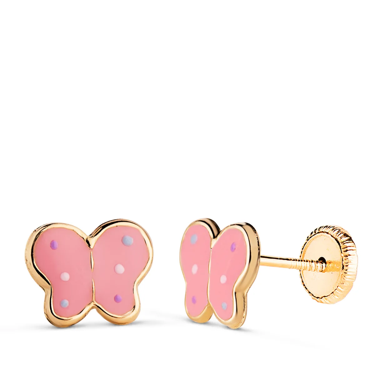 18K PENDIENTES ORO AMARILLO MARIPOSAS ESMALTE ROSA. MEDIDA: 8 X 6,5 MM. CIERRE TUERCA