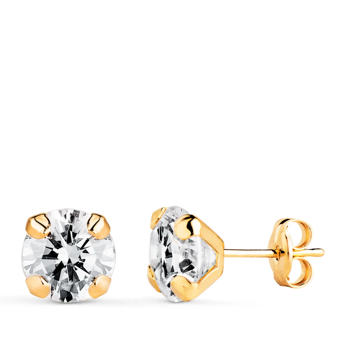 18K PENDIENTES ORO AMARILLO CIRCONITA CON 4 GARRAS. MEDIDA: 7 X 7 MM. CIERRE PRESION