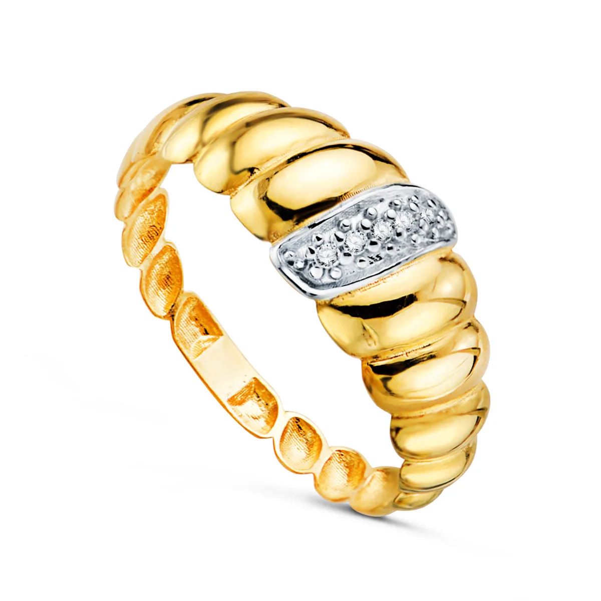 18K SORTIJA ORO AMARILLO CROISSANT GALLONES MOTIVO CON CIRCONITAS. ANCHO: 7.5 MM