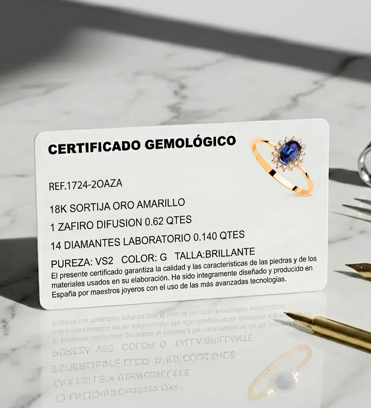 18K SORTIJA ORO AMARILLO DIAMANTES LABORATORIO 0,140 QTS. VS2-G 9 ZAFIRO DIFUSION 6x4 MM 0,62 QTS. 9,5 X 8 MM — vista 3