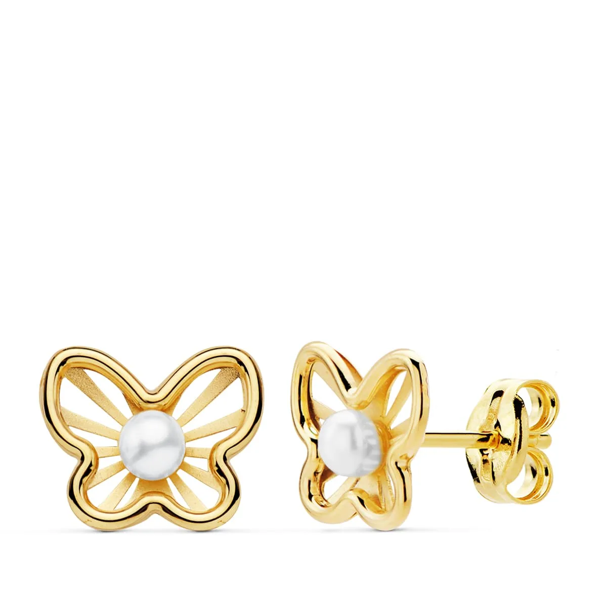 18K PENDIENTES ORO AMARILLO MARIPOSAS 9X7 MM PERLAS 2.5 MM CIERRE PRESION
