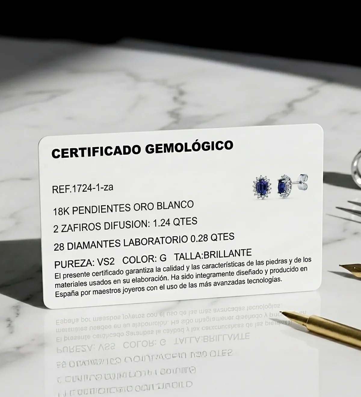 18K PENDIENTES ORO BLANCO 28 DIAMANTES LABORATORIO Y ZAFIRO DIFUSION 6X4 MM 1,24 QT. 0,28 QTS. VS2-G CIERRE PRESION 9,5X8 MM — vista 3