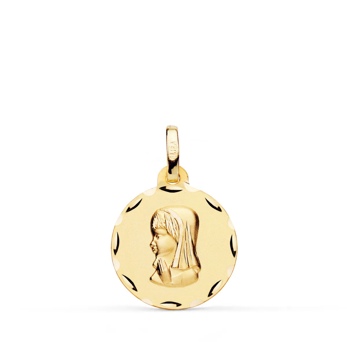 9K MEDALLA ORO AMARILLO VIRGEN NIÑA PERFIL TALLADA. MEDIDA: 16 MM
