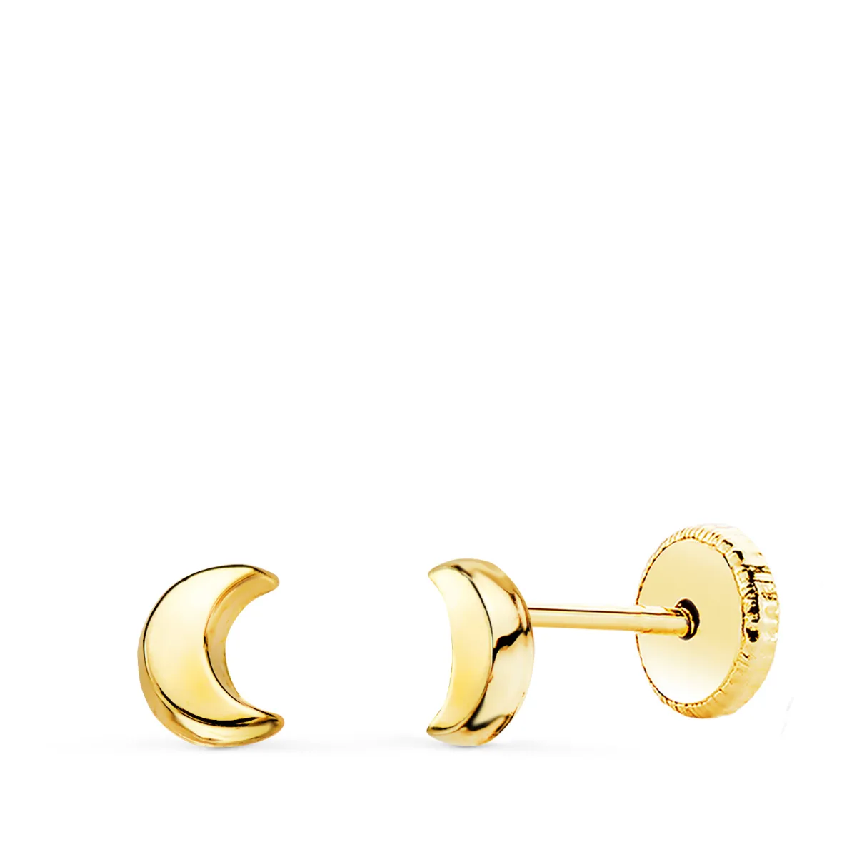 18K PENDIENTES ORO AMARILLO LUNA LISA 6,5X5 MM CIERRE TUERCA