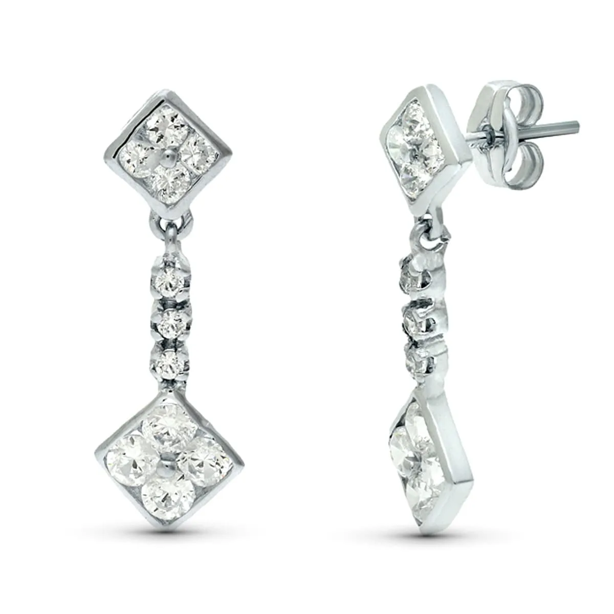 18K PENDIENTES ORO BLANCO DOBLE CUERPO JUEGO NOVIA CIRCONITA 23X8 MM PRESION