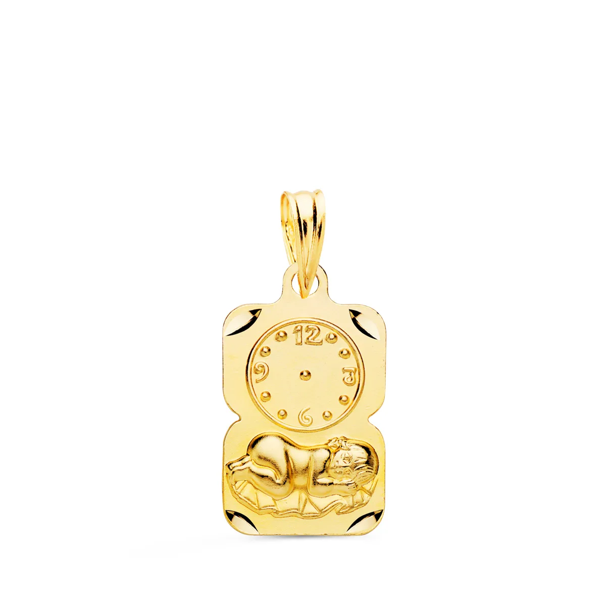 9K MEDALLA ORO AMARILLO RECTANGULO NIÑO DE LA HORA CON RELOJ TALLADA 19X11 MM
