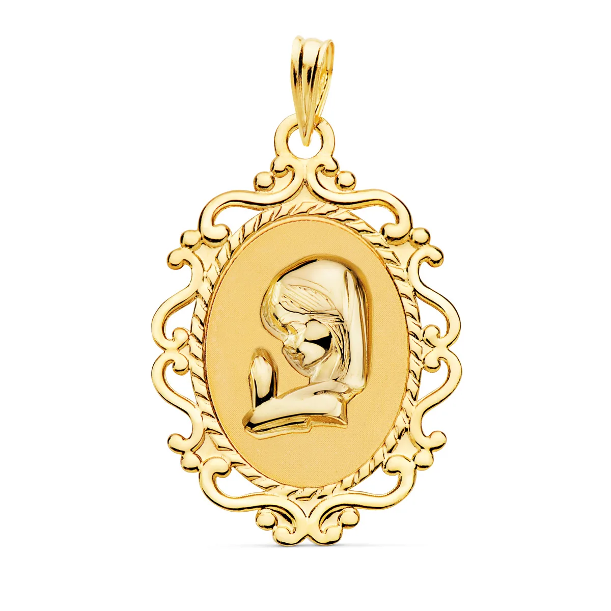 18K MEDALLA ORO AMARILLO VIRGEN NIÑA CERCO CALADO BRILLO 23X16 MM