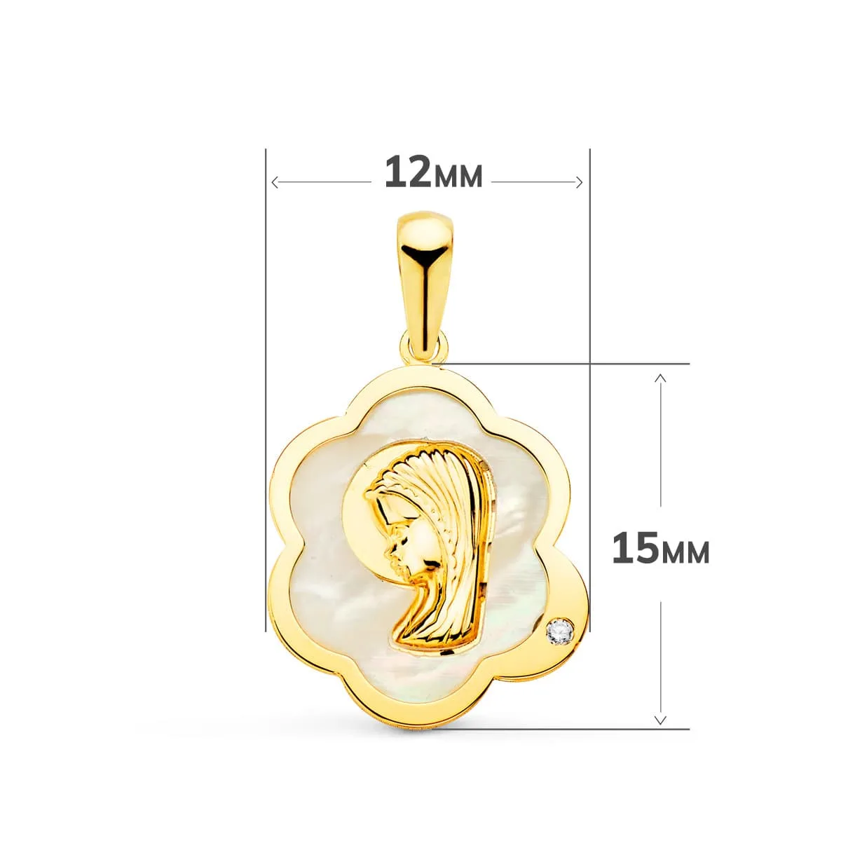 18K MEDALLA ORO AMARILLO VIRGEN NIÑA NUBE CON NACAR Y CIRCONITA 15X12 MM — vista 2