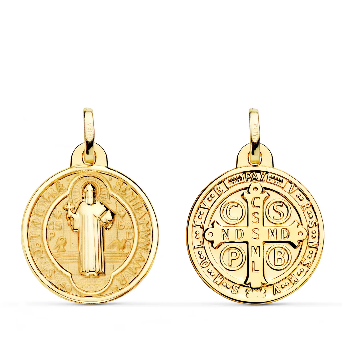 18K MEDALLA  ESCAPULARIO SAN BENITO MONJE BRILLO Y FONDO MATIZADO 24 MM ESPALDA EN BRILLO