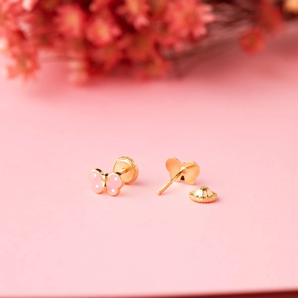 18K PENDIENTES ORO AMARILLO MARIPOSA ESMALTE ROSA 7 X 4,5 MM. CIERRE TUERCA — vista 2