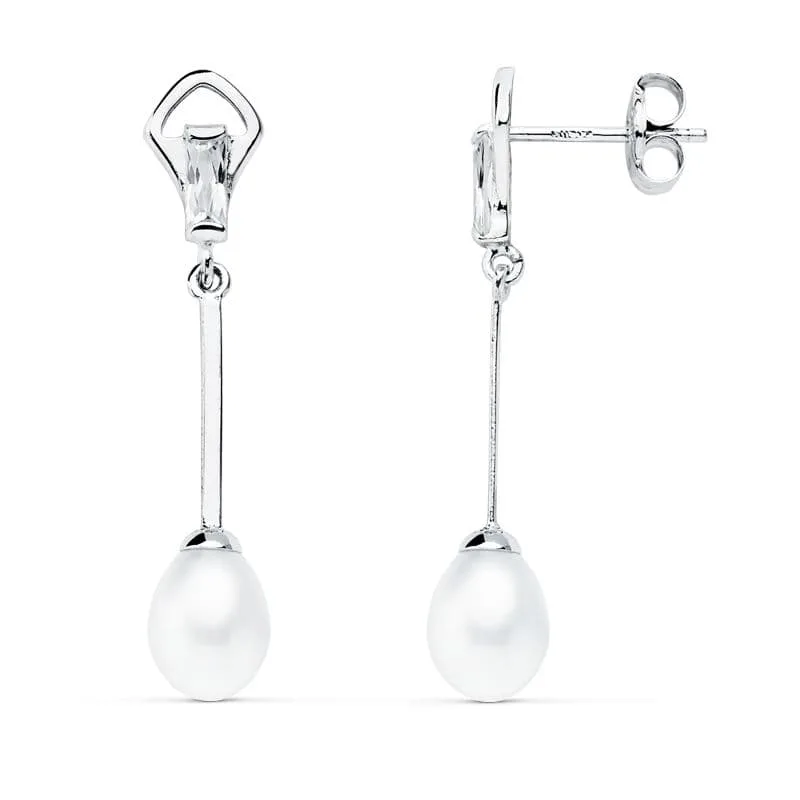18K PENDIENTES ORO BLANCO CON CIRCONITAS BAGUETTE Y PERLAS. MEDIDA: 31X6 MM. CIERRE PRESION