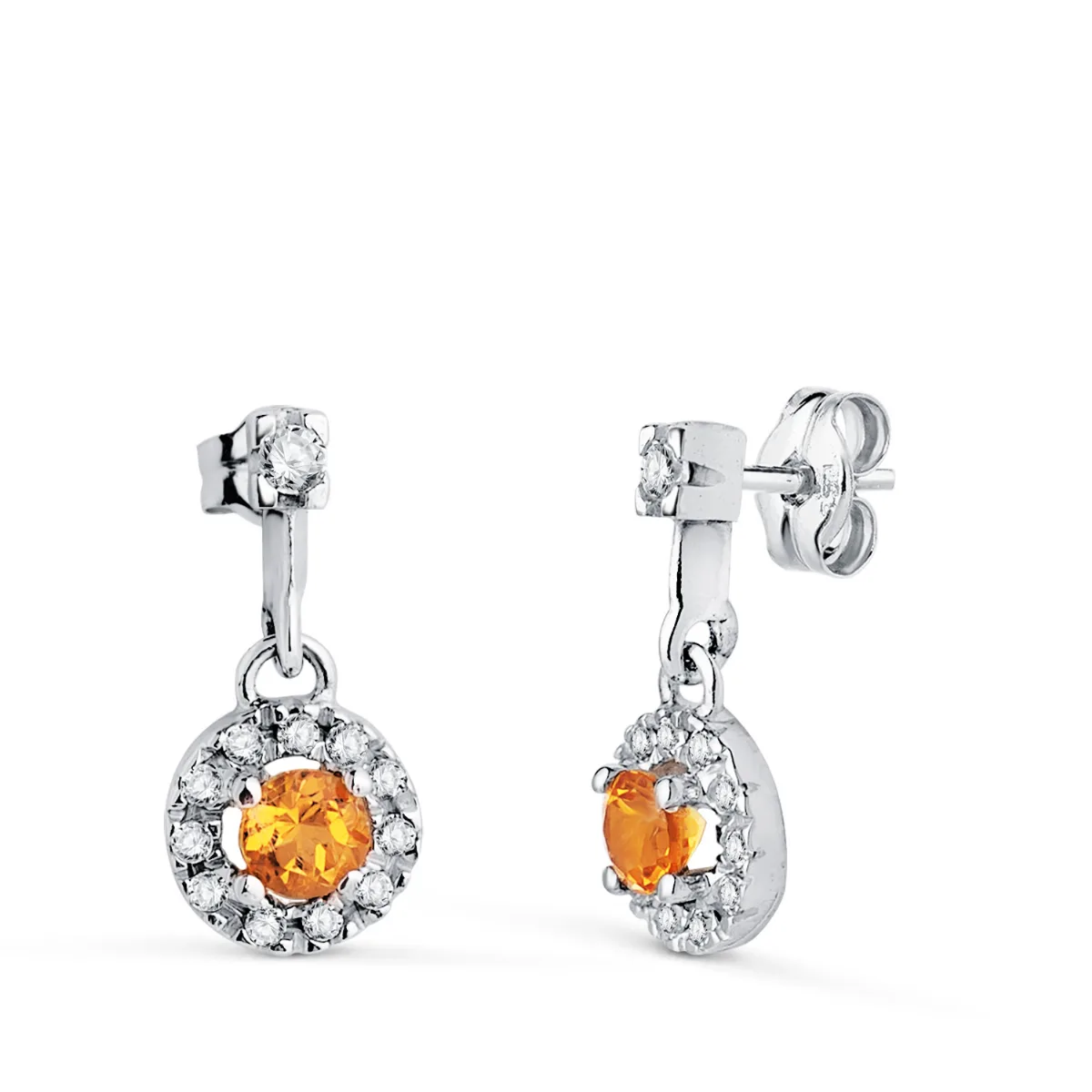 18K PENDIENTES ORO BLANCO DOS CUERPOS CON CIRCONITAS Y CITRINO. 14,5 X 7 MM. CIERRE PRESION