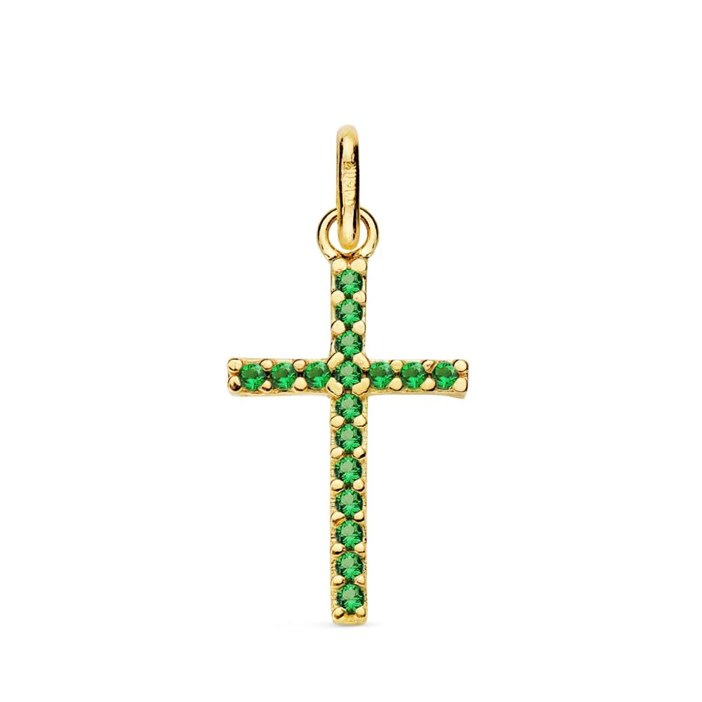 18K CRUZ ORO AMARILLO CON CIRCONITAS VERDES. MEDIDA: 18X10 MM
