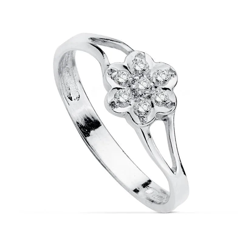 18K SORTIJA ORO BLANCO FLOR Y CIRCONITAS. ANCHO: 6,5 MM