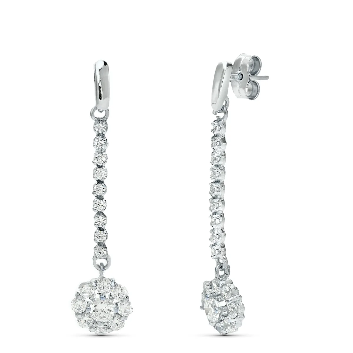 18K PENDIENTES ORO BLANCO JUEGO NOVIA PIÑA CIRCONITA 38X7 MM PRESION