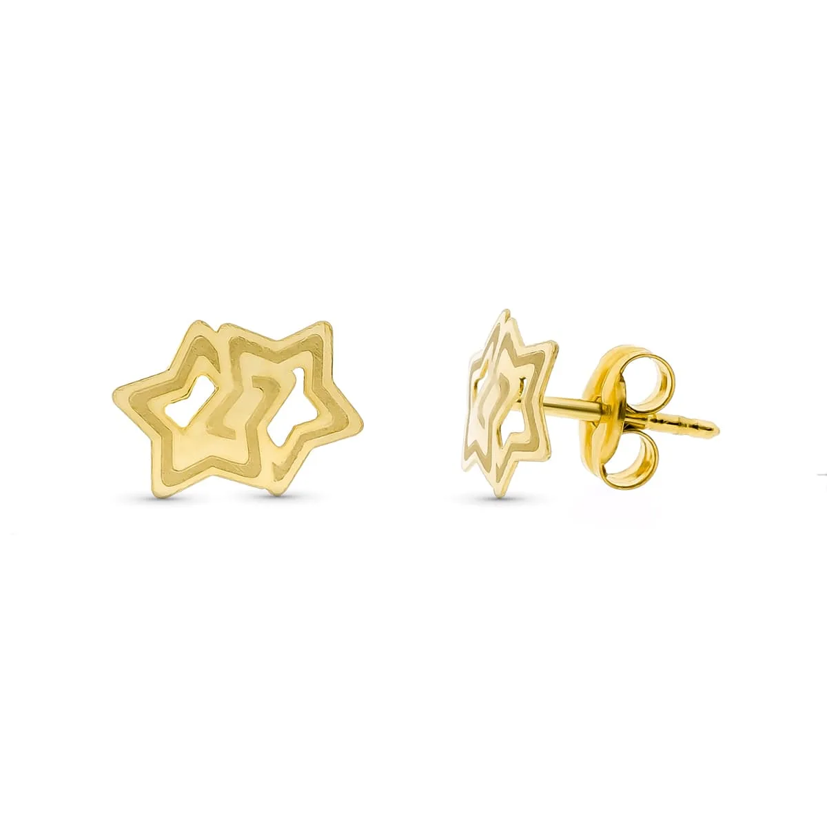18K PENDIENTES ORO AMARILLO ESTRELLAS LASER. 9X7 MM CIERRE PRESION