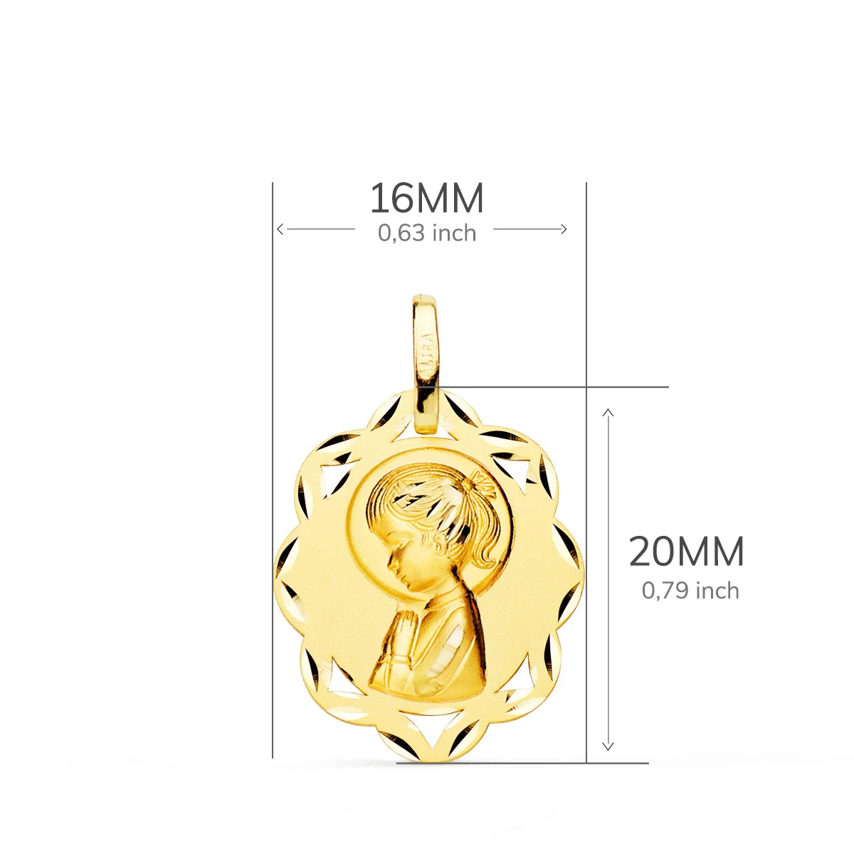 18K MEDALLA ORO AMARILLO HOJAS VIRGEN NIÑA PERFIL MATIZADA Y TALLADA 20X16 MM — vista 2