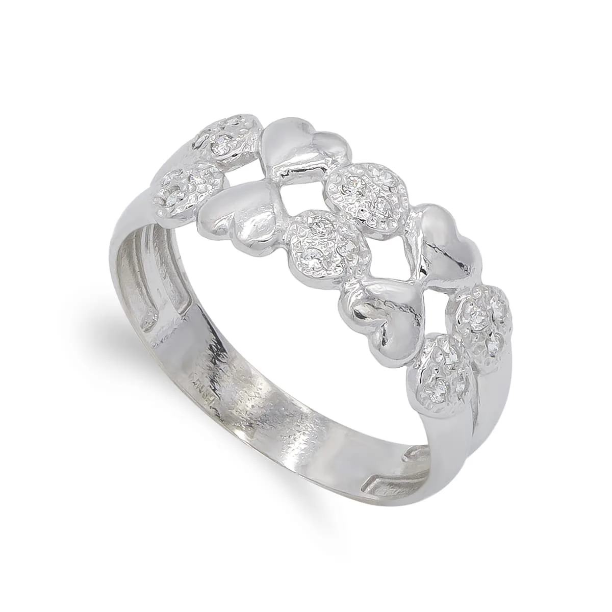 18K SORTIJA ORO BLANCO CORAZONES LISOS Y CIRCONITAS. ANCHO: 8,5 MM