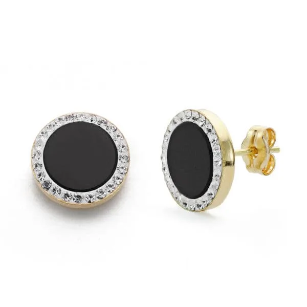 9K PENDIENTES ORO BICOLOR ONIX Y CIRCONITA 11 MM CIERRE PRESION