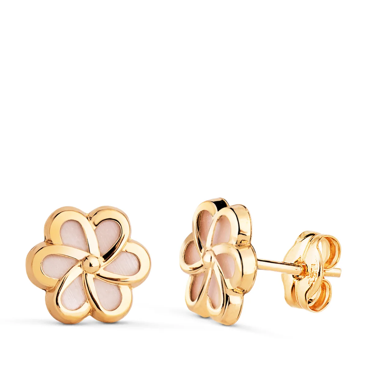18K PENDIENTES ORO AMARILLO FLOR CON NACAR. MEDIDA: 8 X 8 MM. CIERRE PRESION