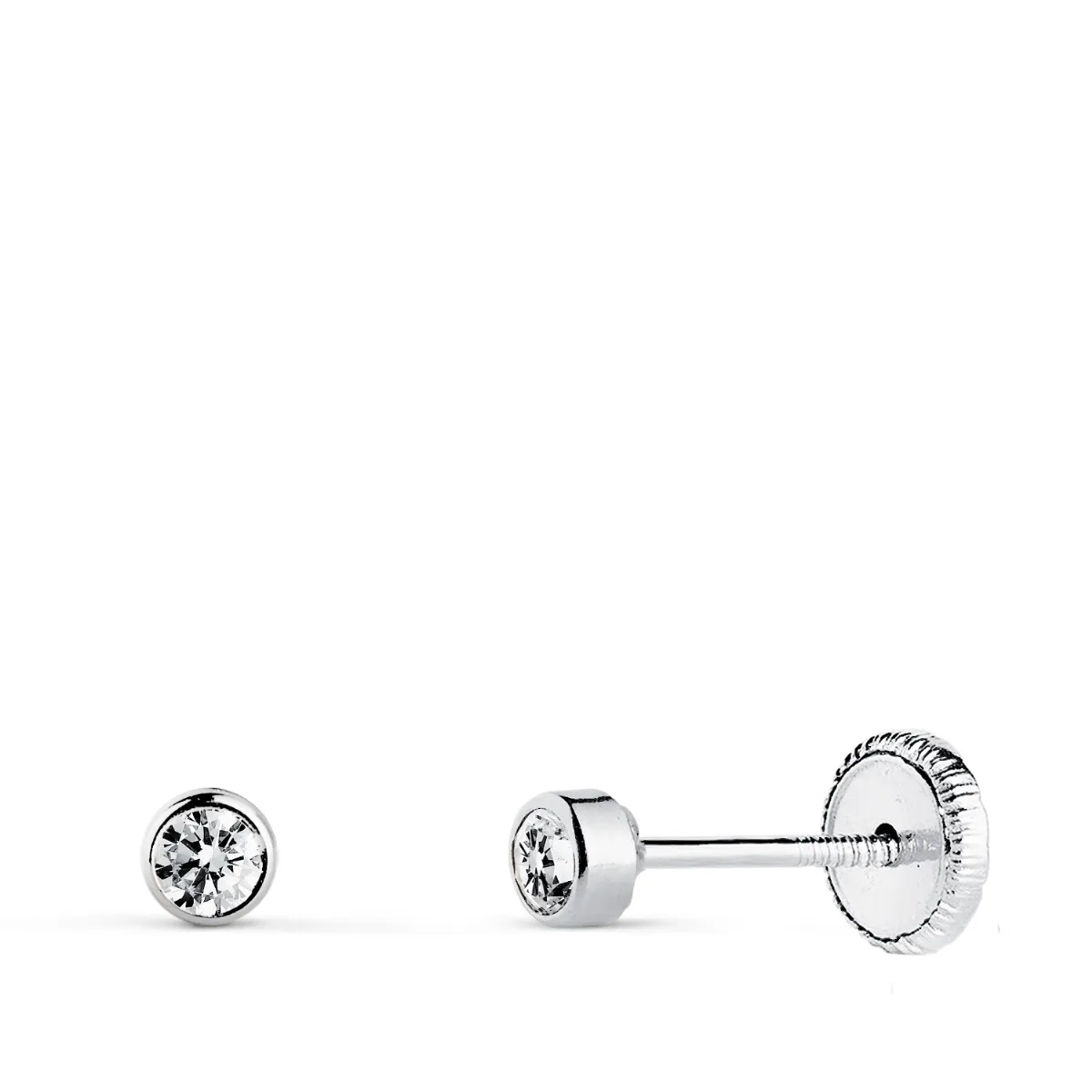 18K PENDIENTES ORO BLANCO CHATON REDONDOS  CON CIRCONITA  3 MM CIERRE TUERCA