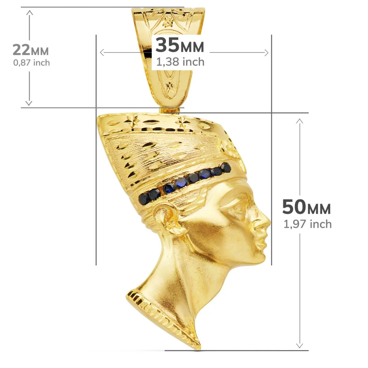18K COLGANTE EGIPCIO ESFINGE NEFERTITI GIGANTE CON CIRCONITA AZULES ORO AMARILLO. 50 X 35 MM — vista 3