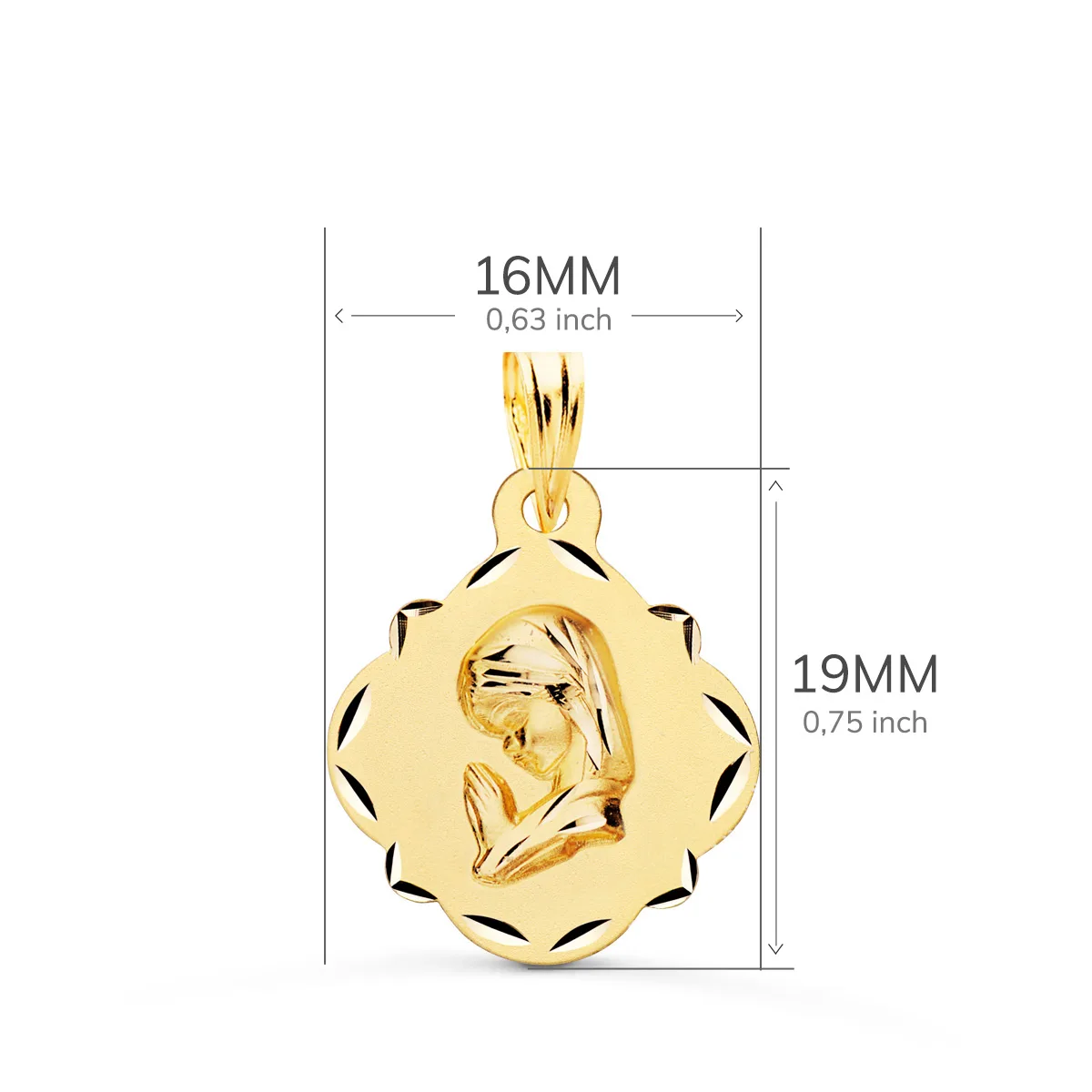 18K MEDALLA ORO AMARILLO VIRGEN NIÑA PERFIL PANDERETA TALLADA 19X16 MM — vista 2