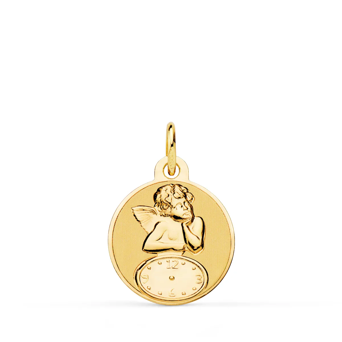 18K MEDALLA ORO AMARILLO REDONDA ANGELITO BURLON CON RELOJ BRILLO Y MATE 15 MM