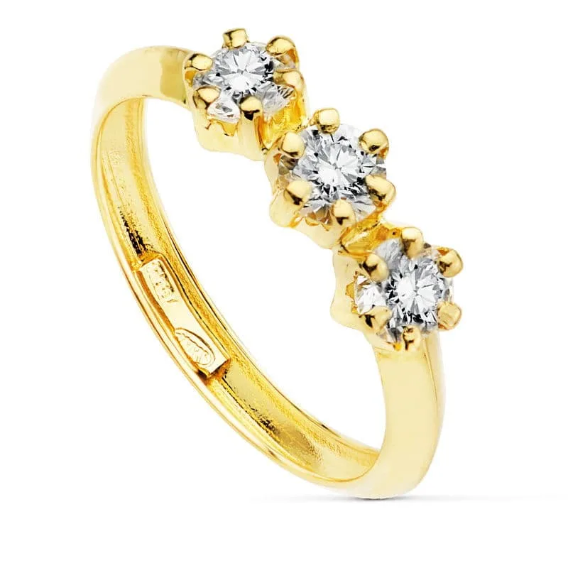 18K SORTIJA TRESILLO ORO AMARILLO CON 3 CIRCONITA DE 4 MM EN GARRAS