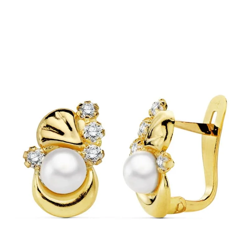 18K PENDIENTES ORO AMARILLO PERLA Y CIRCONITA 12X8 MM CIERRE CATALAN