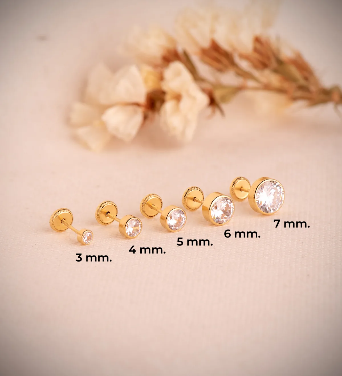 18K PENDIENTES ORO AMARILLO CHATON CIRCONITA REDONDOS 7 MM CIERRE TUERCA — vista 2