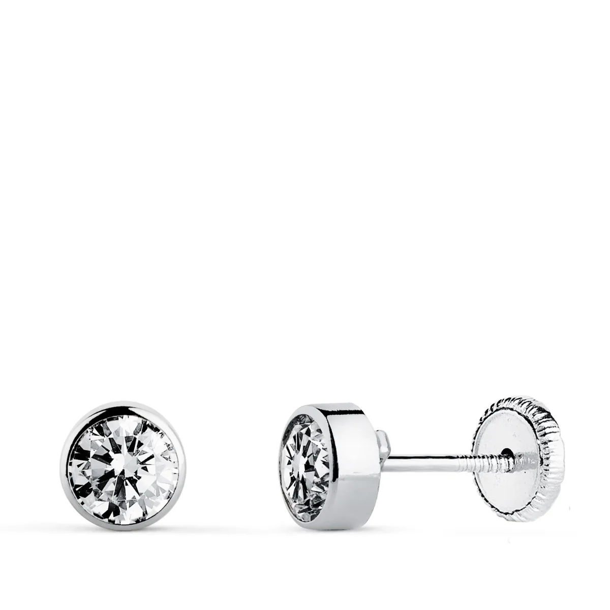 18K PENDIENTES ORO BLANCO CHATON REDONDOS BOCEL CON CIRCONITA 5 MM CIERRE TUERCA