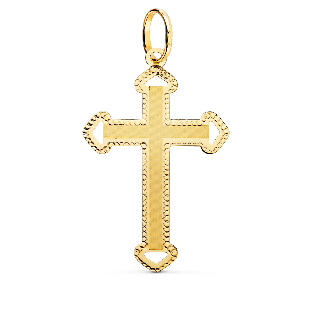 18K CRUZ ORO AMARILLO SIN CRISTO TALLADA Y MATIZADA 35X22 MM