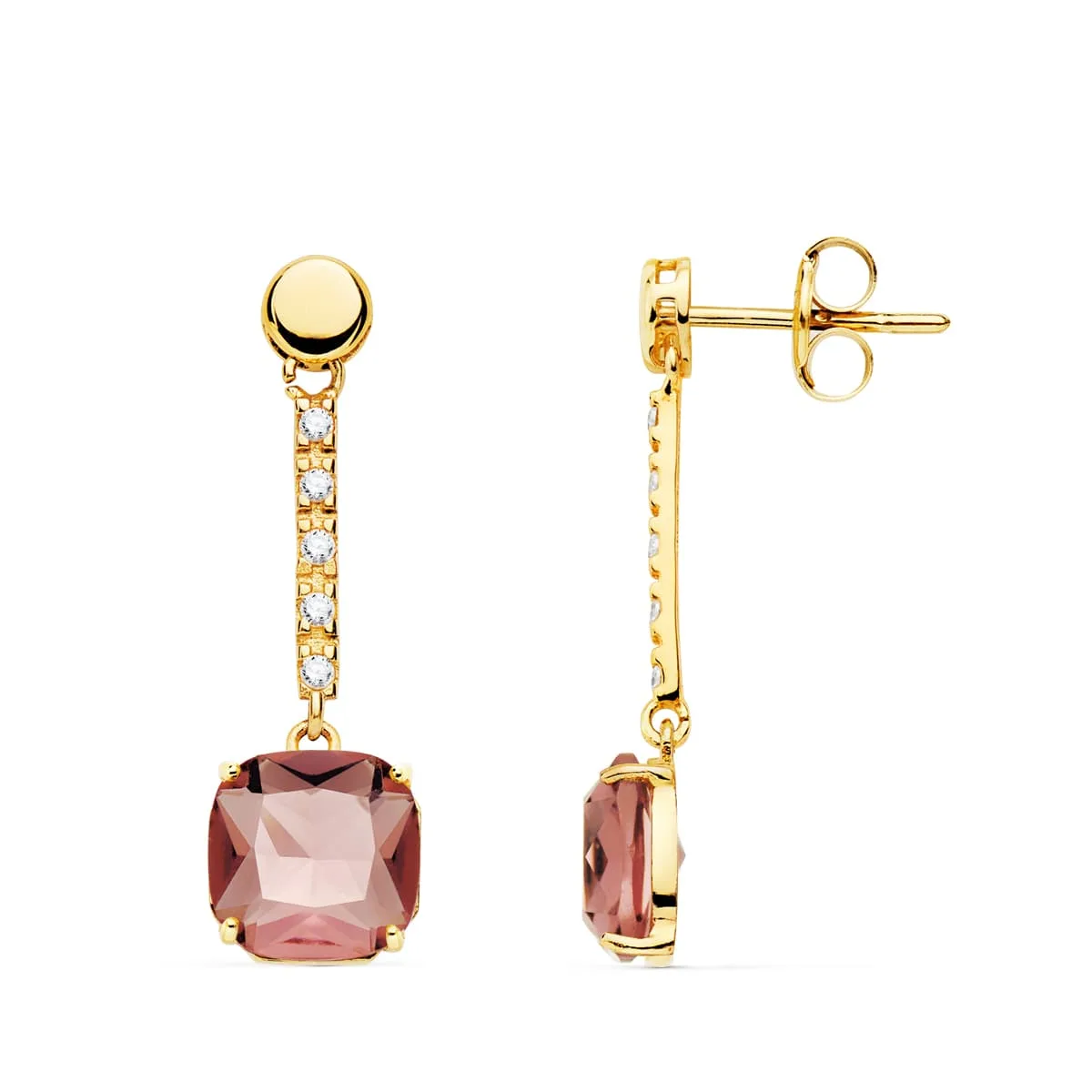 18K PENDIENTES ORO AMARILLO PIEDRA CUADRADA COLOR KUNCITA 28X8 MM CIERRE PRESION