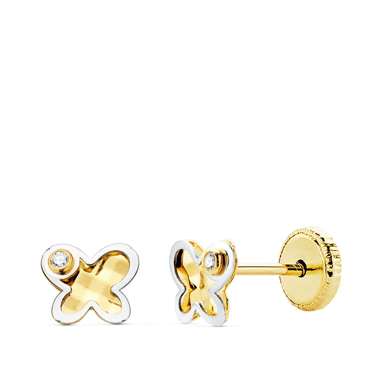 18K PENDIENTES MARIPOSA ORO BICOLOR CIRCONITA 5.5X4.5 MM CIERRRE TUERCA