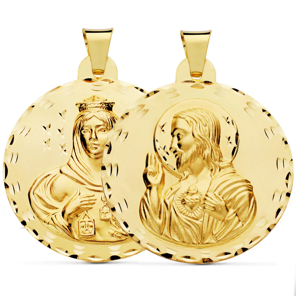 18K ESCAPULARIO ORO AMARILLO TALLADO VIRGEN DEL CARMEN Y CORAZON DE JESUS 42 MM
