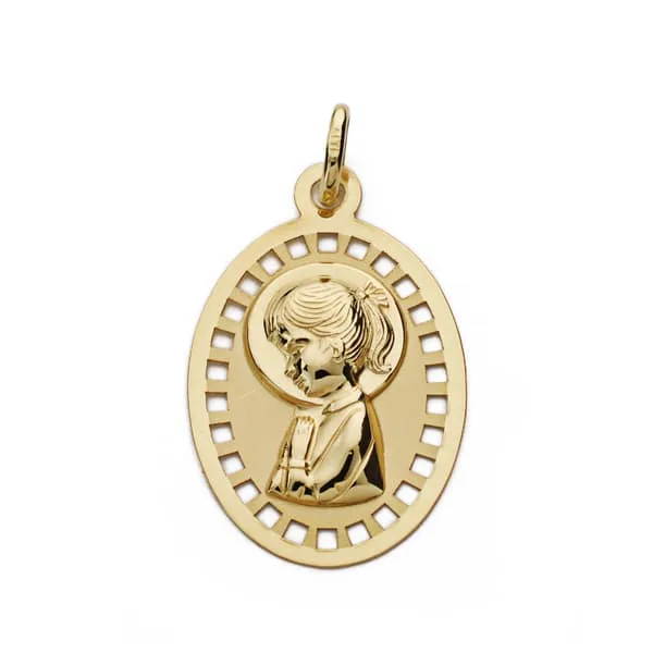 9K MEDALLA ORO AMARILLO VIRGEN NIÑA CALADA 23X14 MM