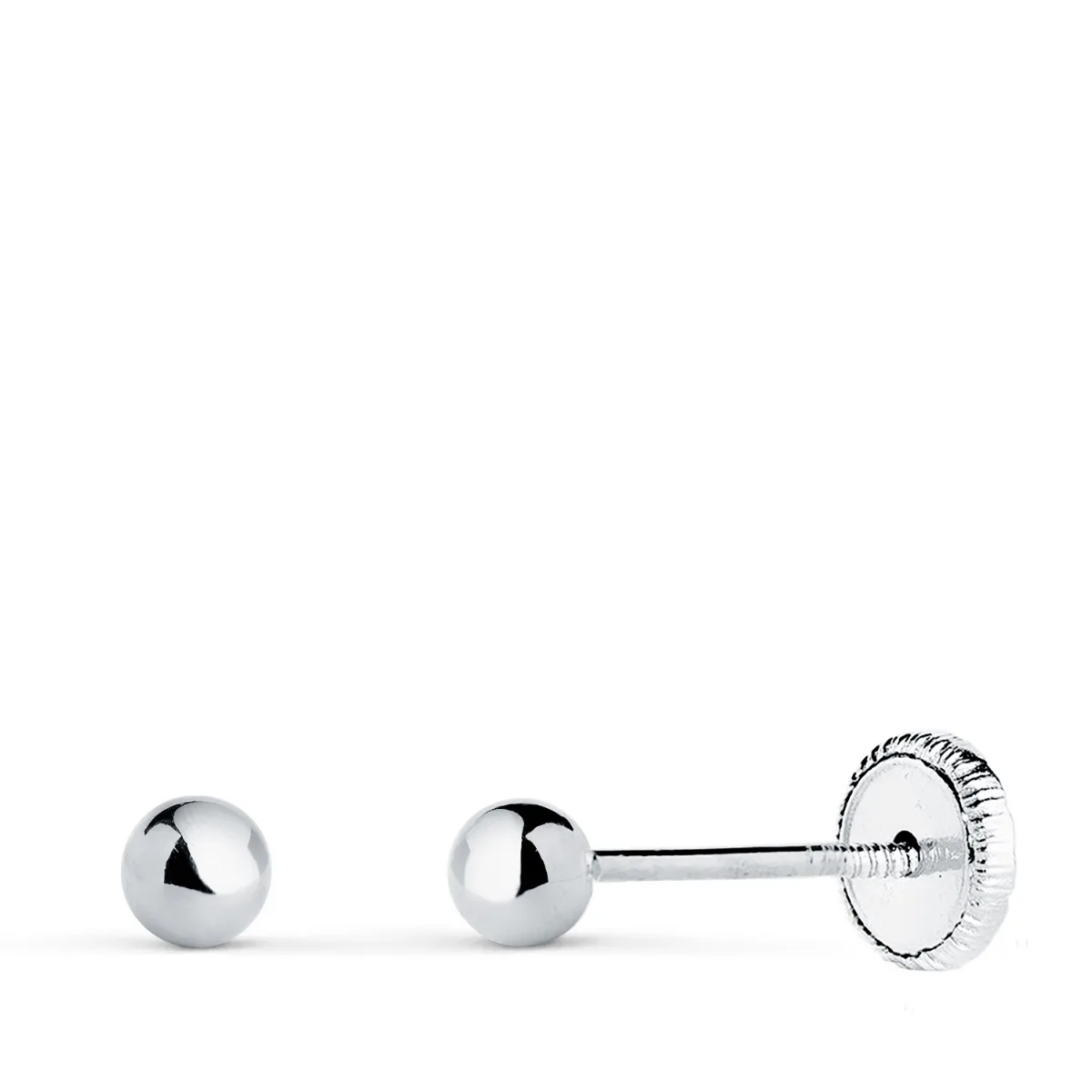 18K PENDIENTES ORO BLANCO BOLA LISA BRILLA HUECA. ANCHO: 3 MM. CIERRE TUERCA