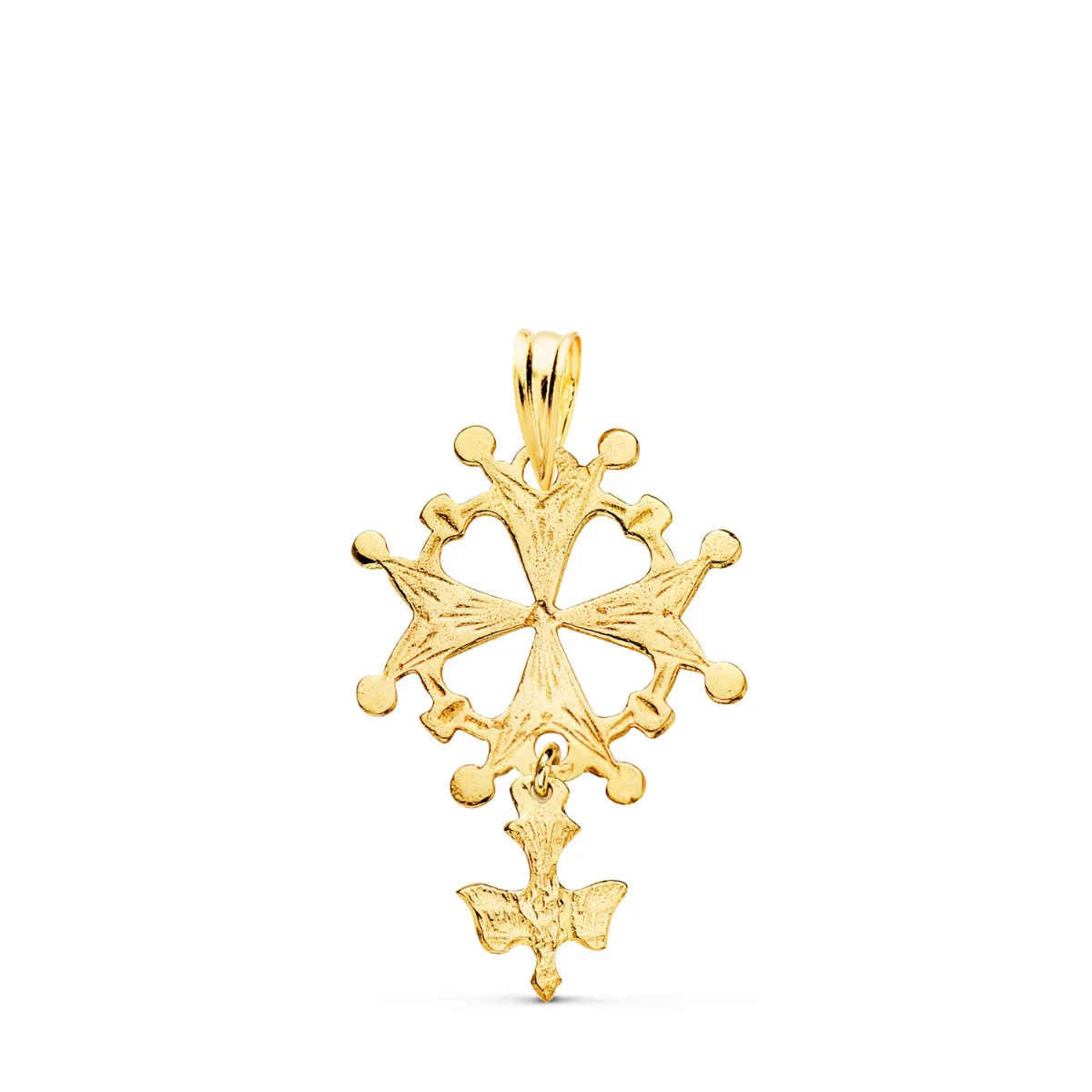 18K CRUZ DE HUGUENOTTE ORO AMARILLO CON PALOMA. 28 X 17 MM