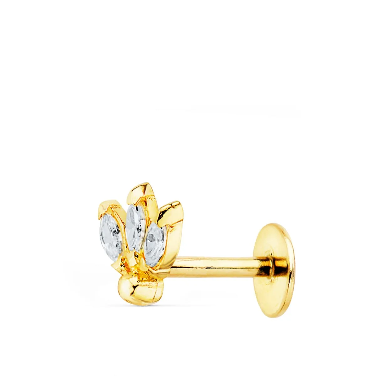 9K PIERCING OREJA ORO AMARILLO TRES HOJITAS CIRCONITA 6.5X6 MM ( UNIDAD )