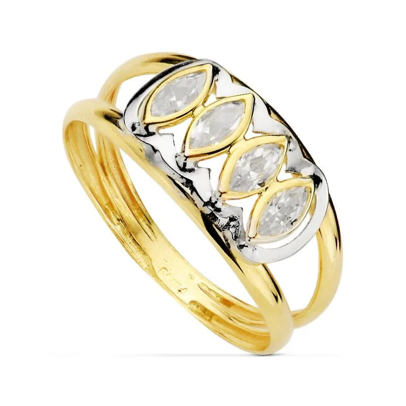 18K SORTIJA ORO BICOLOR DOBLE CUERPO CON CIRCONITAS BLANCAS MARQUISE. ANCHO: 8,5 MM