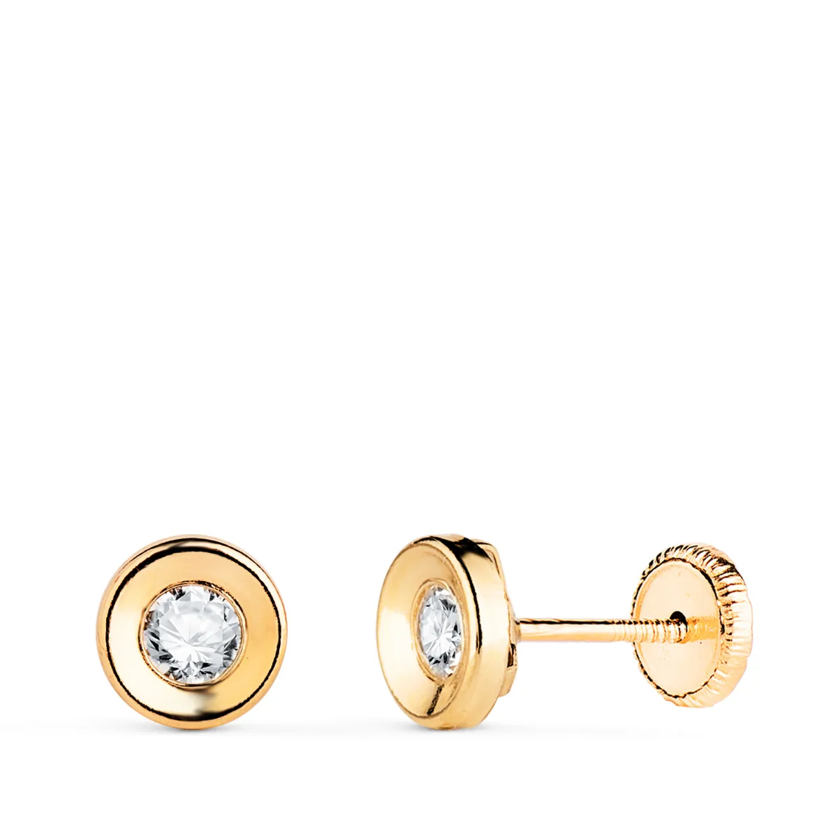 18K PENDIENTES ORO AMARILLO CHATON REDONDO CONCAVO CON CIRCONITA. ANCHO: 5,5 MM. CIERRE TUERCA